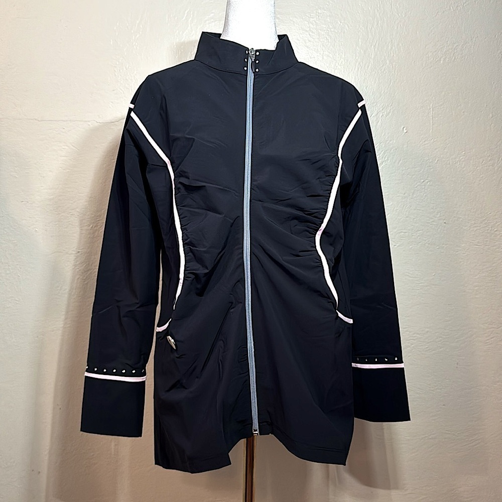 NWT $199 Swarovski Crystal Studded Luxury Golf Jacket Black Zip-Up Stretch LARGE